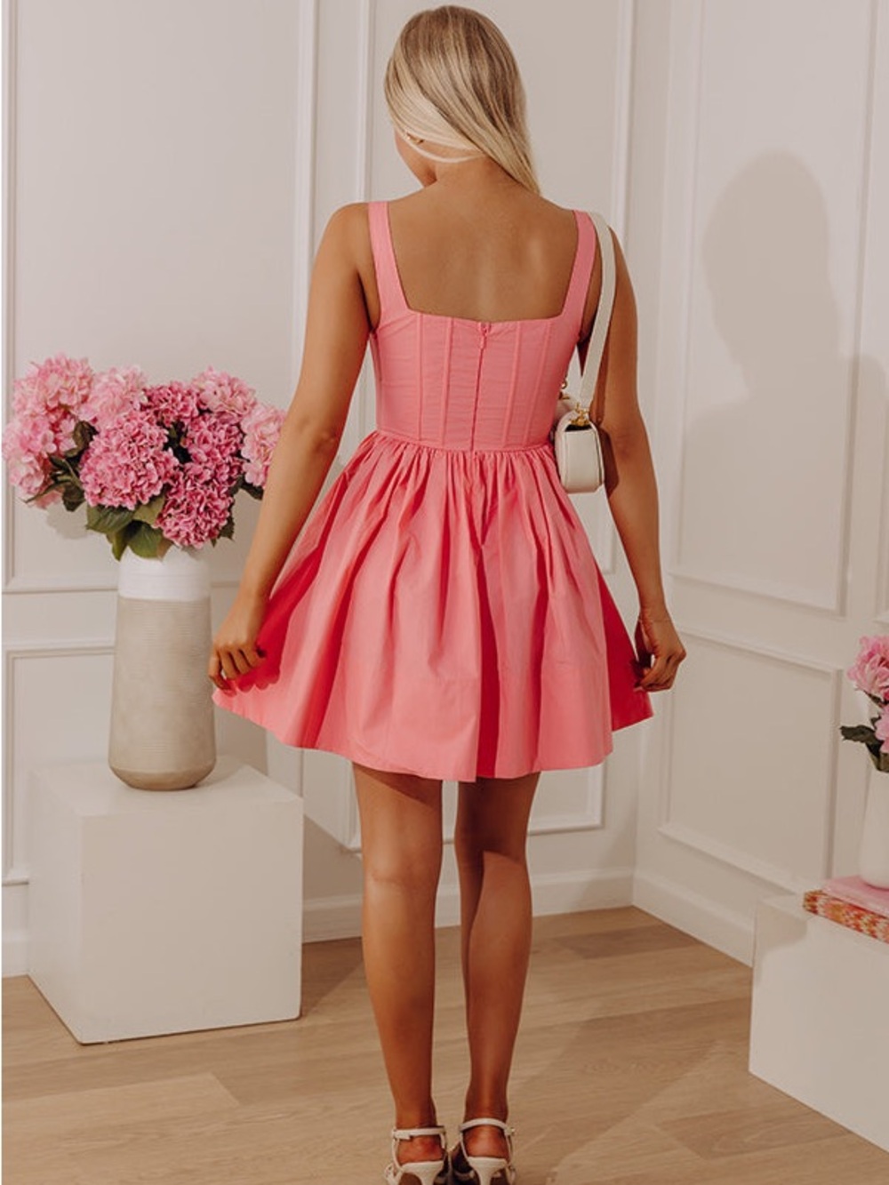 TALULAH Coral Pink Square Neck Fit-and-Flare Mini Dress - Picture 9 of 9